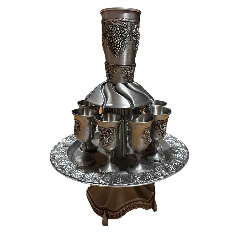 Pewter Wine Fountain Complete With 8 Cups Grape Design NEW Judaica